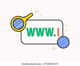 Flat cartoon illustration of a website address bar with magnifying glass and globe icons. Ideal for internet search, SEO, web browsing, digital marketing, and technology concepts vector