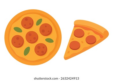 Ilustração de desenho animado plano de pizza de pepperoni inteiro e fatia única com ervas. Brilhante e saboroso.