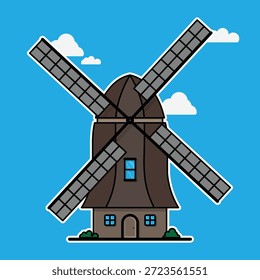 Flat cartoon illustration of windmill building icon on blue background