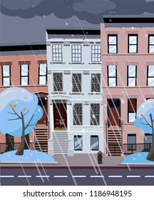 Flat cartoon illustration of winter evening in NY city, it is snowing, crowns of trees in the snow. flakes of snow fly from dark clouds. Dusk city landscape with snowy trees in the foreground