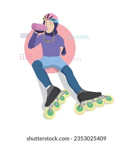 flat cartoon illustration of woman on roller skates sitting down