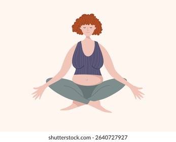 Flat cartoon illustration of a woman with a realistic body sitting in lotus pose. Body neutrality, mindfulness, meditation, and self-acceptance. Calm atmosphere. Minimal clean style.