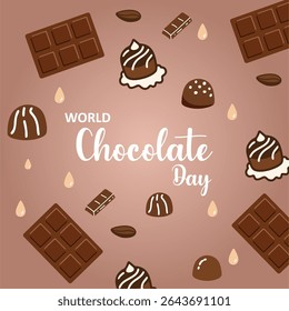 Ilustração de desenho plano para o Dia Mundial do Chocolate com barras de chocolate, trufas, gotas de cacau sobre fundo marrom. Perfeito para pôsteres, mídias sociais, cartões comemorativos e temas de celebração.