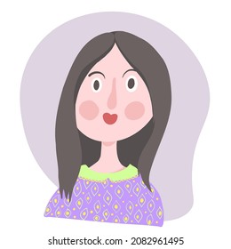 A flat cartoon illustration of a young lady with blue eyes and black hair. Avatar of a girls face.