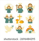Flat cartoon illustrations of Christian elements including angels, cross, Bible, communion, dove, rainbow, and religious symbols.