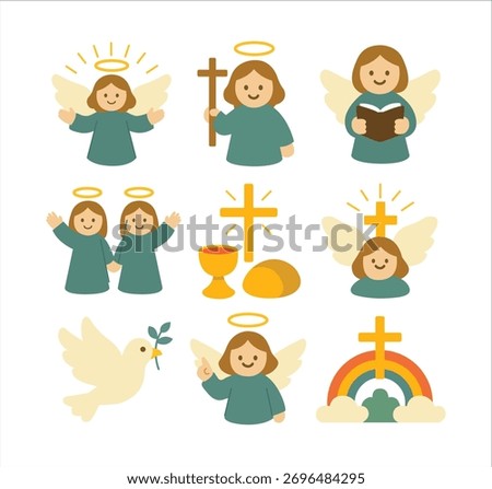 Flat cartoon illustrations of Christian elements including angels, cross, Bible, communion, dove, rainbow, and religious symbols.
