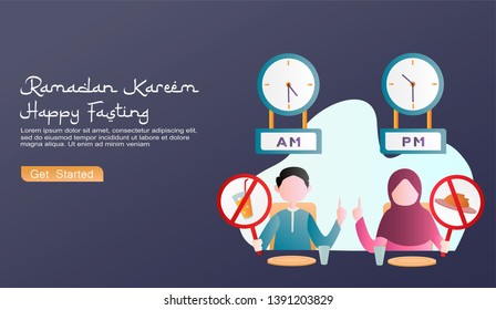 Flat cartoon Illustrations ramadan fasting. boys and girls holding sign forbiden to eat and drink. the concept of dining table, glass, plate, chair, clock AM and PM. suitable for website, UI, apps