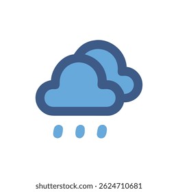 Flat cartoon image of blue clouds with raindrops against a black backdrop in simple style.