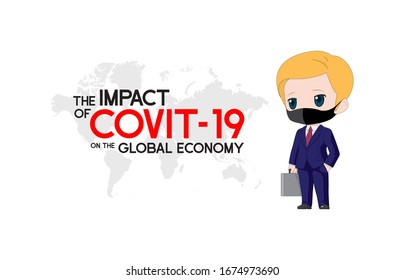 Flat cartoon image of cute business man in blue suit with mask worry about COVID-19 Coronavirus that affect the global economy (typography with world map). vector illustration