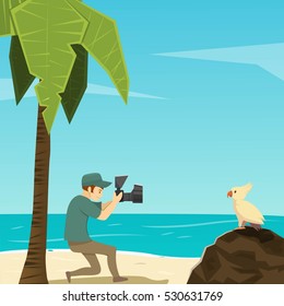 Flat cartoon image of male photographer taking photo of bird on tropical beach vector illustration