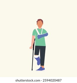 Flat cartoon image of a sad and happy man with broken arm and leg in a cast with crutches and a collar around his neck. Broken limbs. Injured man in