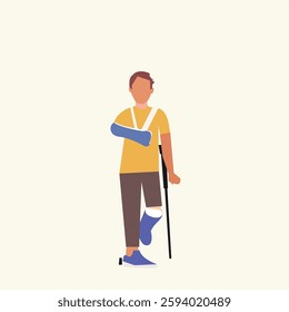 Flat cartoon image of a sad and happy man with broken arm and leg in a cast with crutches and a collar around his neck. Broken limbs. Injured man in