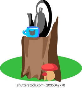 Dibujo plano de un pequeño desayuno en el bosque. Té bebiendo en un cáñamo.