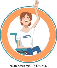 Flat cartoon image of a smiling boy in a wheelchair.