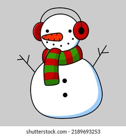 Flat cartoon image of a snowman wearing a striped red-green scarf and red headphones. Vector illustration.