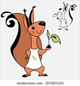 Flat cartoon image of a squirrel holding a plant sprout. This same character is a line drawing for coloring.