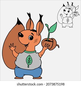 Flat cartoon image of a squirrel holding a plant sprout. This same character is a line drawing for coloring.