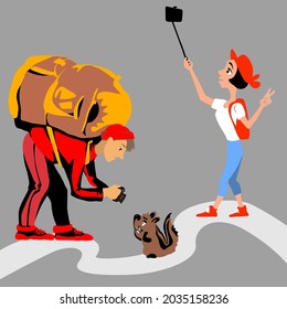 Flat cartoon image of tourists with backpacks. The girl takes a selfie, her friend photographs a small animal.