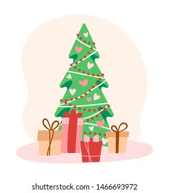 Flat cartoon isolated decorated Christmas tree with gifts. Congratulation card or festive interior design element.