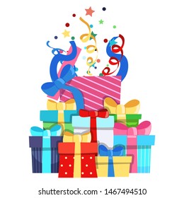 Flat Cartoon Isolated Illustration on a white background. Bunch of Gift Boxes. Colorful Gifts with Bows of Ribbons for the Holidays Christmas, New Year, Birthday, Valentine s Day.