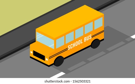 Flat cartoon isometric 3d yellow school bus riding on the road with blue windows. Isometric transport and education vector illustration. 