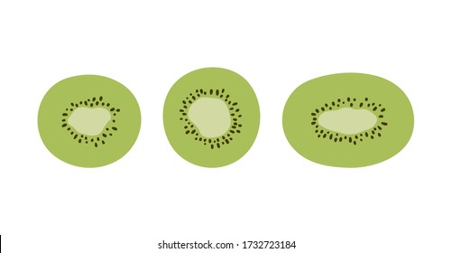 Flat cartoon kiwi set isolated on white background. Vector tropical fruit for decoration design. Simple vegetarian healthy food vector illustration. Healthy fresh nutrition