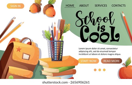 Página de aterrissagem de desenhos animados plana com escola é legal lettering mochila livros lápis cesta folhas e bolotas. Ideal para vendas escolares e sites.
