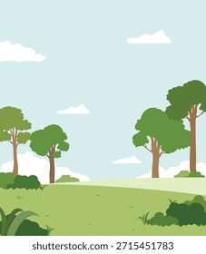 Paisaje plano de dibujos animados con colinas y árboles rodantes