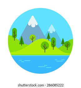 Flat cartoon landscape scene with mountain near lake.