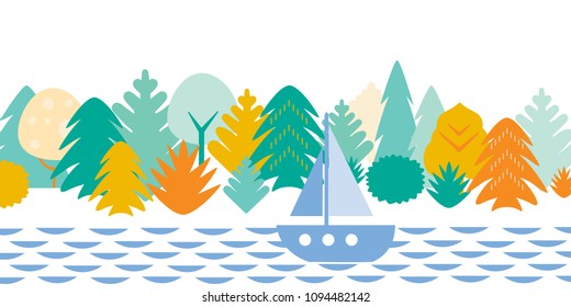 Flat cartoon landscape with woods, water and sailboat, isolated on white background with space for your text - vector