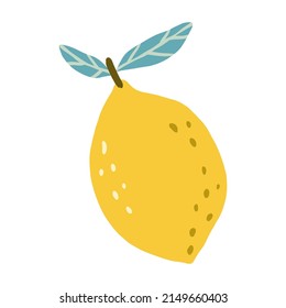 Flat cartoon lemon isolated on white background. Yellow lemon drawing with green leaves. Fresh vegetarian food icon - colorful vector illustration.