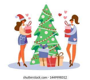 Flat cartoon lesbian couple standing near decorated Christmas tree and holding gift boxes preparing for winter holidays. Vector isolated illustration for lgbt or lgbtq romantic celebration concepts.