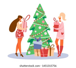 Flat cartoon lesbian couple standing near decorated Christmas tree and holding gift boxes preparing for winter holidays. Vector isolated illustration for lgbt or lgbtq romantic celebration concepts.