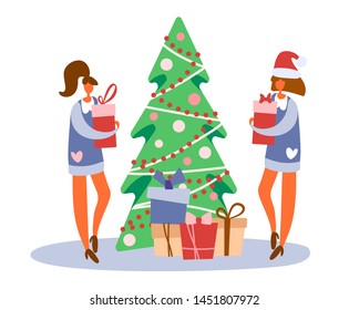 Flat cartoon lesbian couple standing near decorated Christmas tree and holding gift boxes preparing for winter holidays. Vector isolated illustration for lgbt or lgbtq romantic celebration concepts.