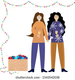 Flat cartoon lesbian couple standing near decorated Christmas tree and holding gift boxes preparing for winter holidays. Vector isolated illustration for lgbt or lgbtq romantic celebration concepts.