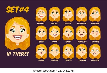 Flat cartoon little girl with golden blonde hair and green eyes, set 4/4, vector illustration