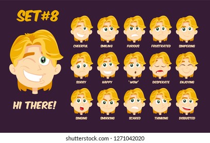 Flat cartoon little girl with golden blonde hair and green eyes, set 4/4, vector illustration