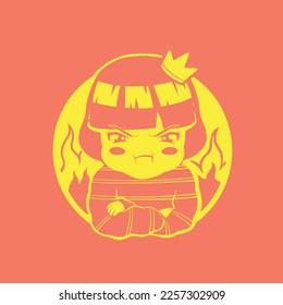 flat cartoon logo emblem of cute chibi girl looking angry with folded arms. yellow fiery effect behind isolated on pink background vintage style illustration