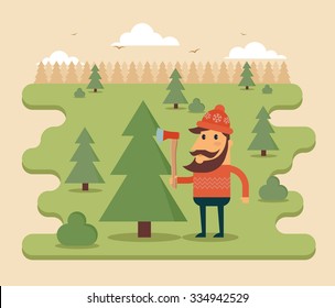 Flat Cartoon Lumberjack Standing in the Forest. A Lot of Trees on the Background. Vector Illustration