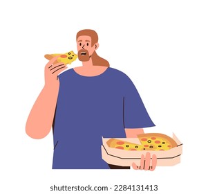 Flat cartoon man character eating fresh Italian pizza from box vector illustration isolated on white