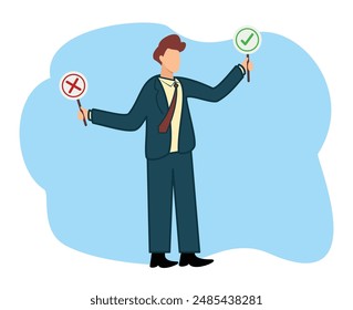 Flat cartoon man confused in making decisions or true and false