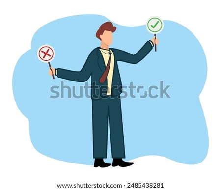 Flat cartoon man confused in making decisions or true and false