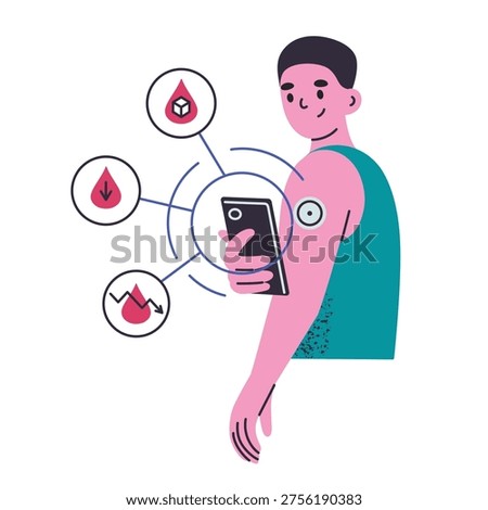 Flat cartoon man with continuous glucose monitor patch on arm, checking blood sugar level on smartphone app. Diabetes management and health tracking, wearable glucometer sensor vector illustration