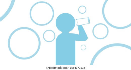 Flat cartoon of man drinking sparkling water, full of bubble on background. Freshment from beverage, drink and health concept.