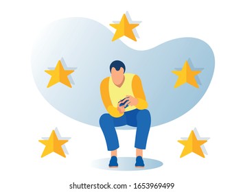 Flat Cartoon Man Gamer Character Playing Console Surrounded by Golden Stars. Product Quality. Positive Game Rating, Users Feedback and Customers Satisfaction Review. Vector Isolated Illustration