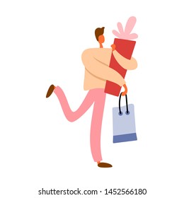 Flat cartoon man with gift box and shopping bag. Isolated vector illustration.