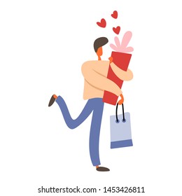 Flat cartoon man with gift box and shopping bag. Isolated vector illustration.
