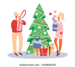 Flat cartoon man with gift box near decorated Christmas tree and standing girl or woman with a present preparing for winter holidays. Isolated vector illustration with hearts.