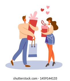 Flat cartoon man with gift box and shopping bag made purchase and standing girl with a present. Isolated vector illustration. For dating or going out, surprise or Saint Valentine's day concepts.
