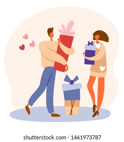 Flat cartoon man with gift box and shopping bag made purchase and standing girl with a present. Isolated vector illustration. For dating or going out, surprise or Saint Valentine's day concepts.